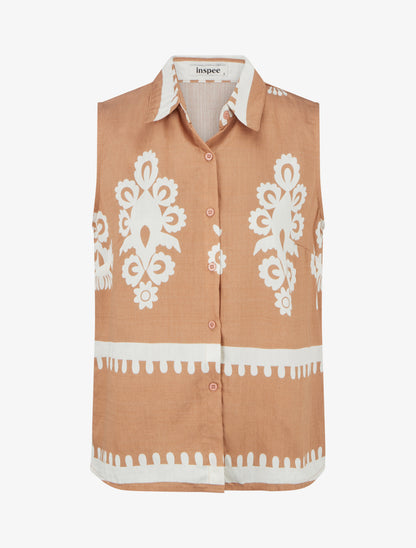 Chemise sans manches imprimé arabesques - Camel - 1