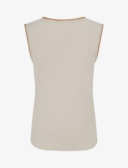 T-shirt uni sans manches à détail broderies - Beige - 2