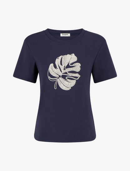 T-shirt uni à broderie feuille - Marine - 1
