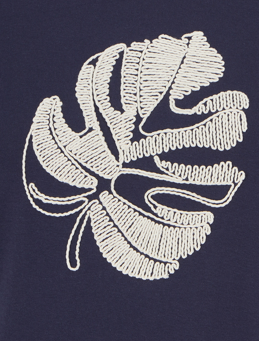 T-shirt uni à broderie feuille - Marine - 3