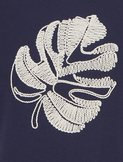 T-shirt uni à broderie feuille - Marine - 3