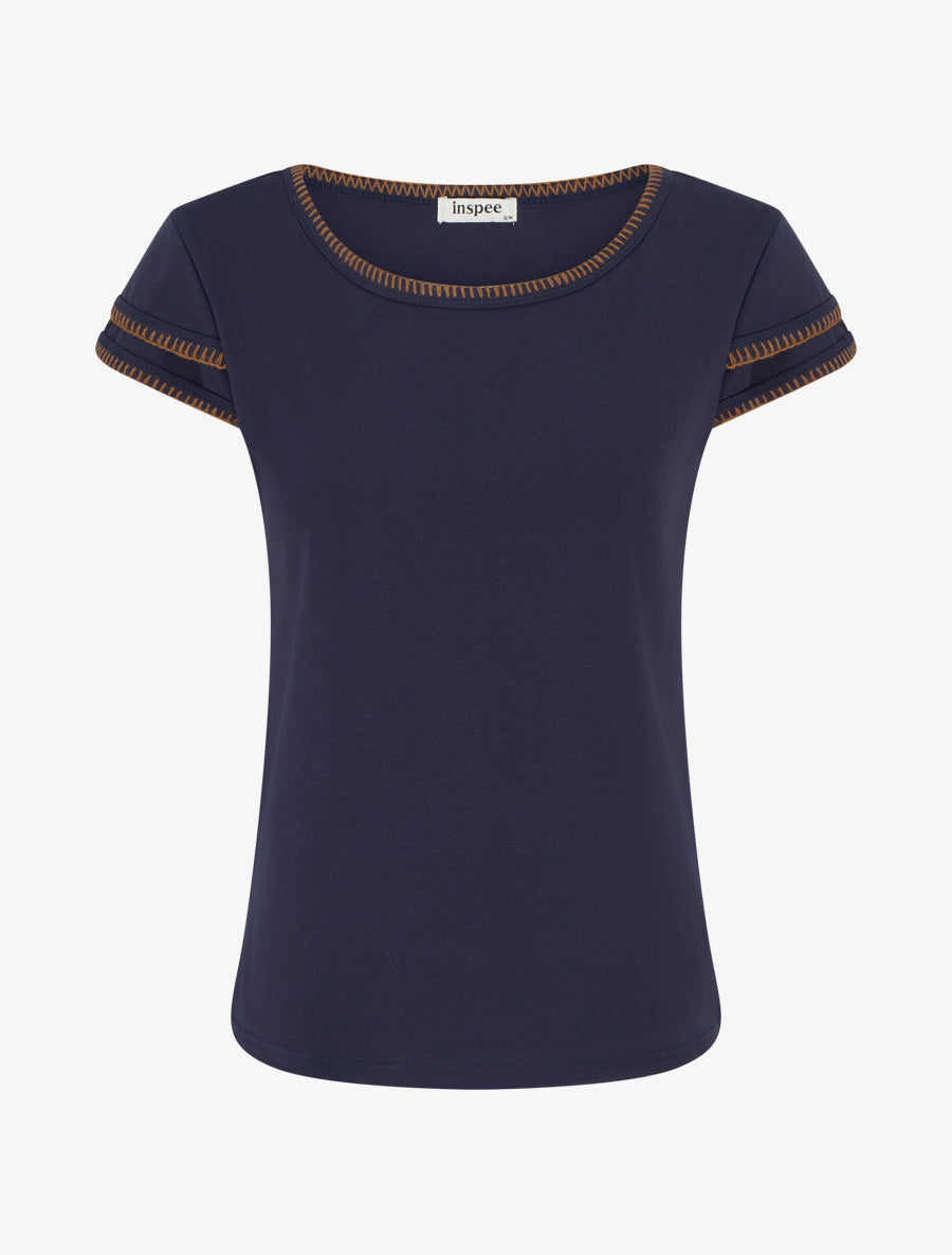 T-shirt uni à manches courtes stylisées - Bleu - 1