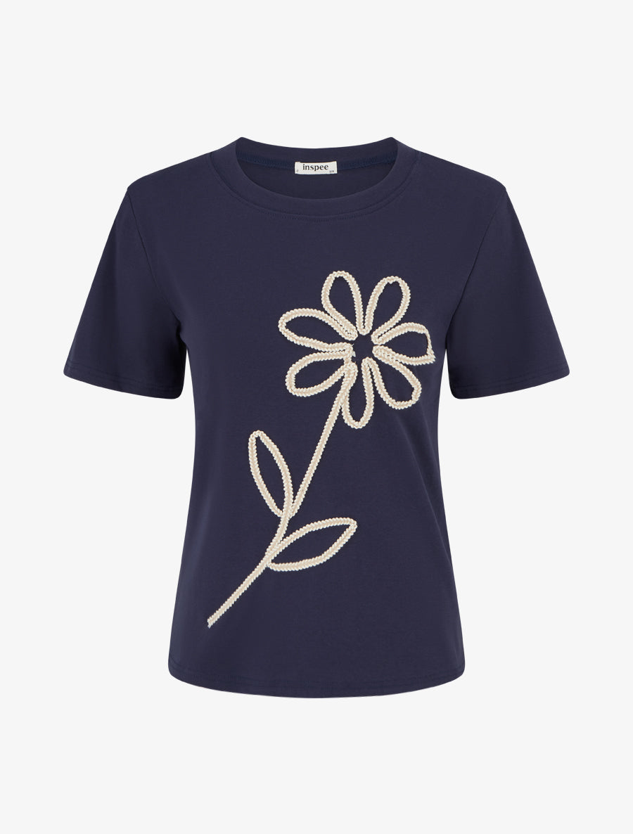 T-shirt uni à broderie fleur - Marine - 1