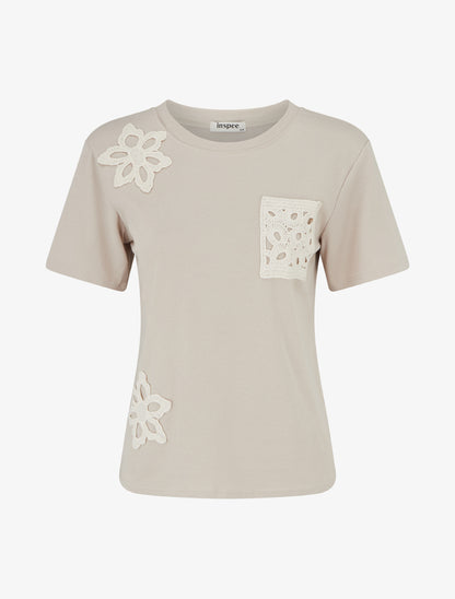 T-shirt manches courtes à poche brodée - Beige - 1