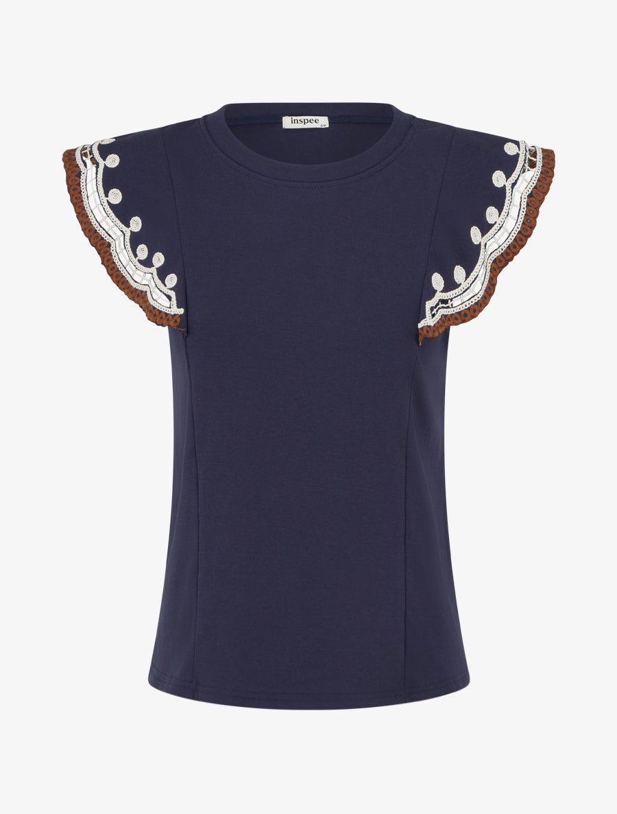 T-shirt uni manches courtes brodées - Marine - 1