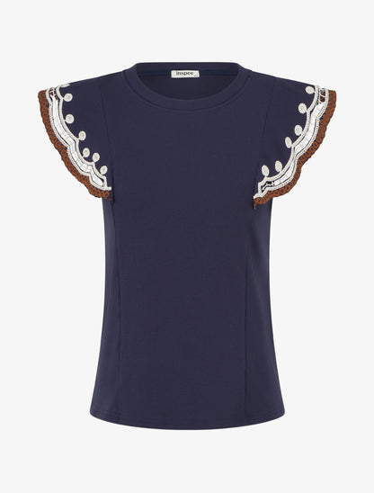 T-shirt uni manches courtes brodées - Marine - 1