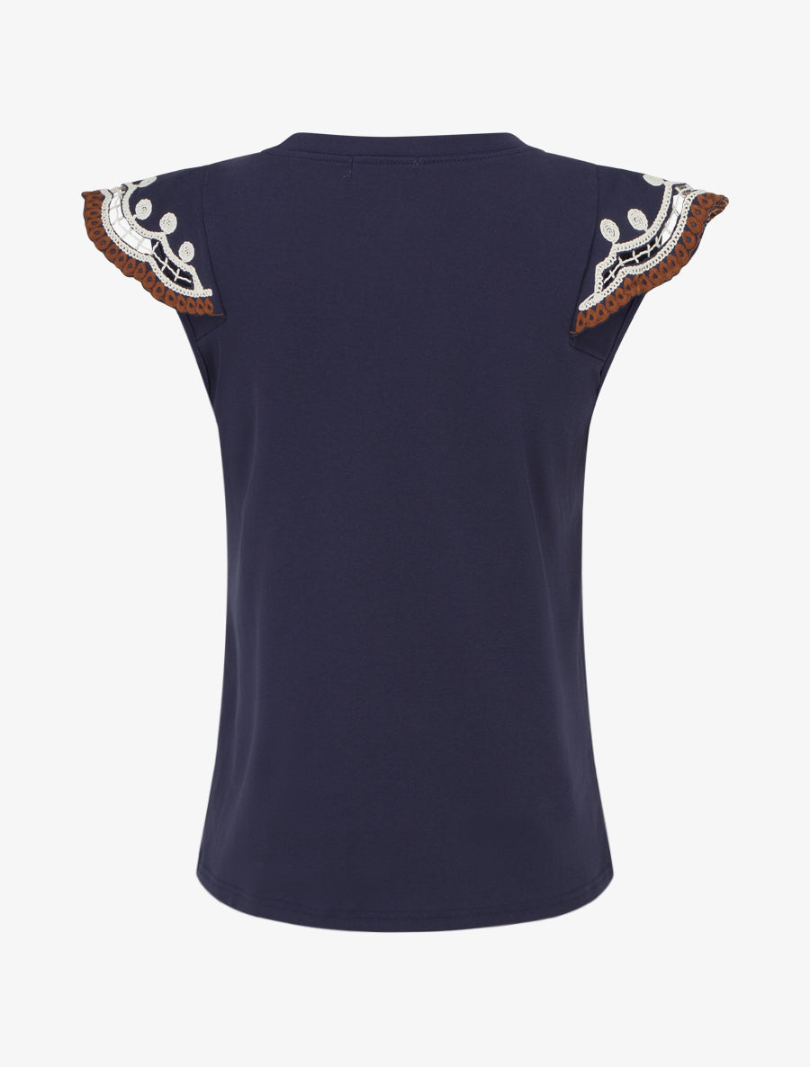 T-shirt uni manches courtes brodées - Marine - 2
