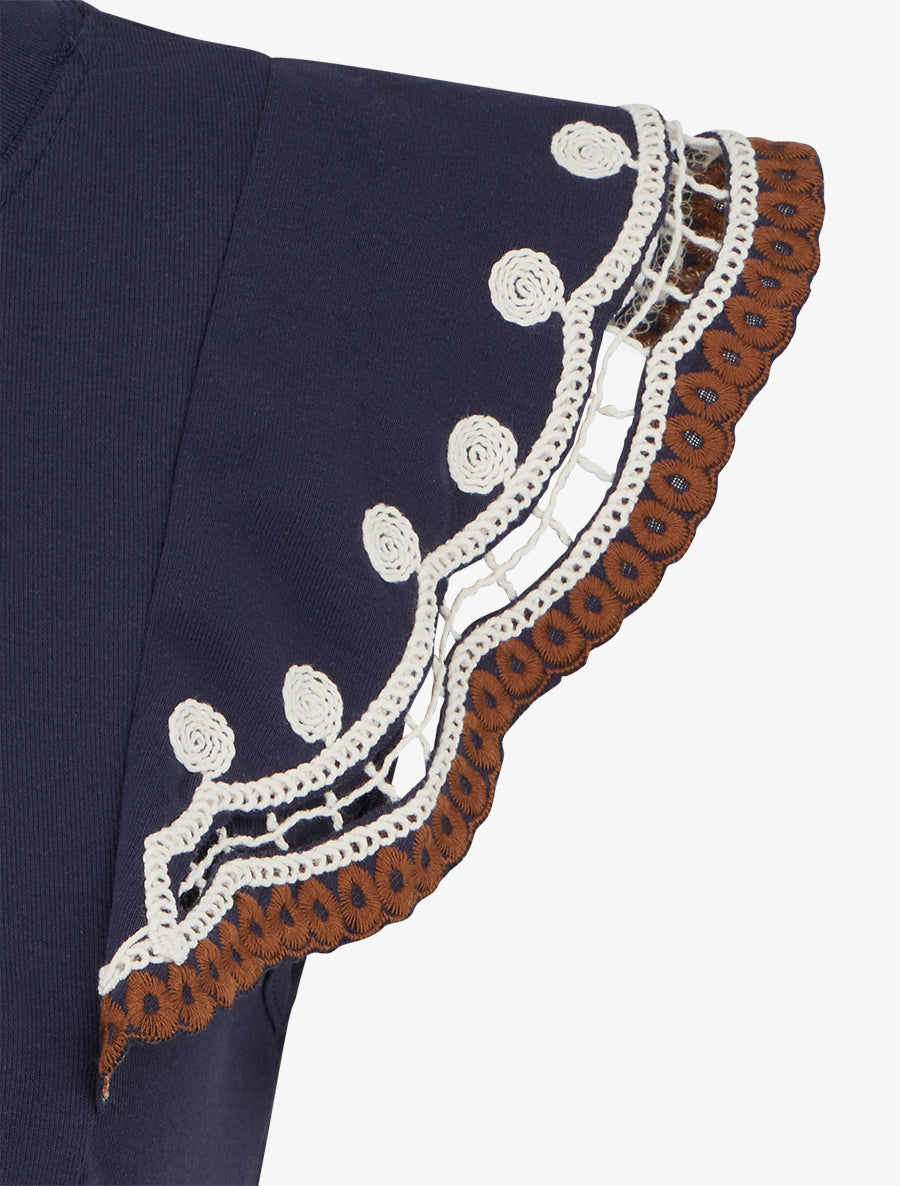 T-shirt uni manches courtes brodées - Marine - 3