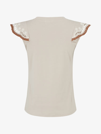 T-shirt uni manches courtes brodées - Beige - 2