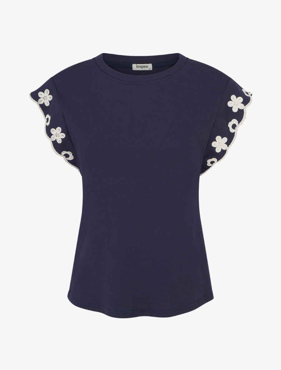 T-shirt uni à motif floral - Marine - 1
