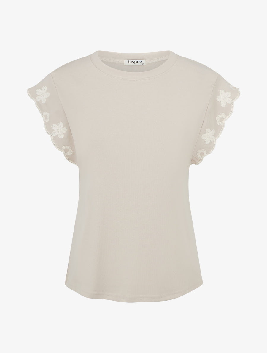 T-shirt uni à motif floral - Beige - 1