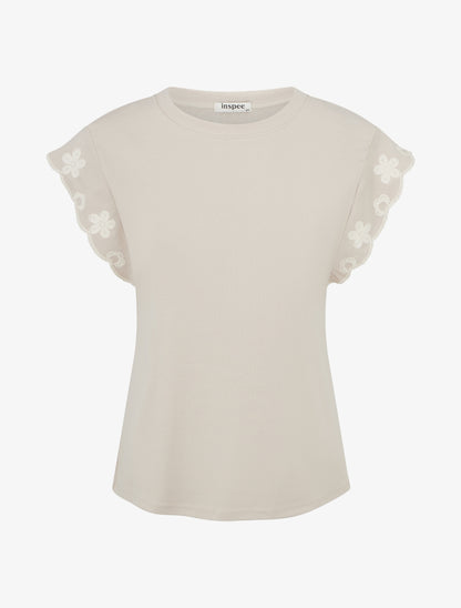 T-shirt uni à motif floral - Beige - 1