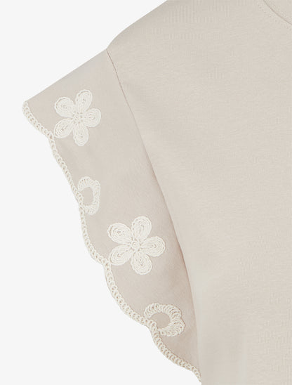 T-shirt uni à motif floral - Beige - 3