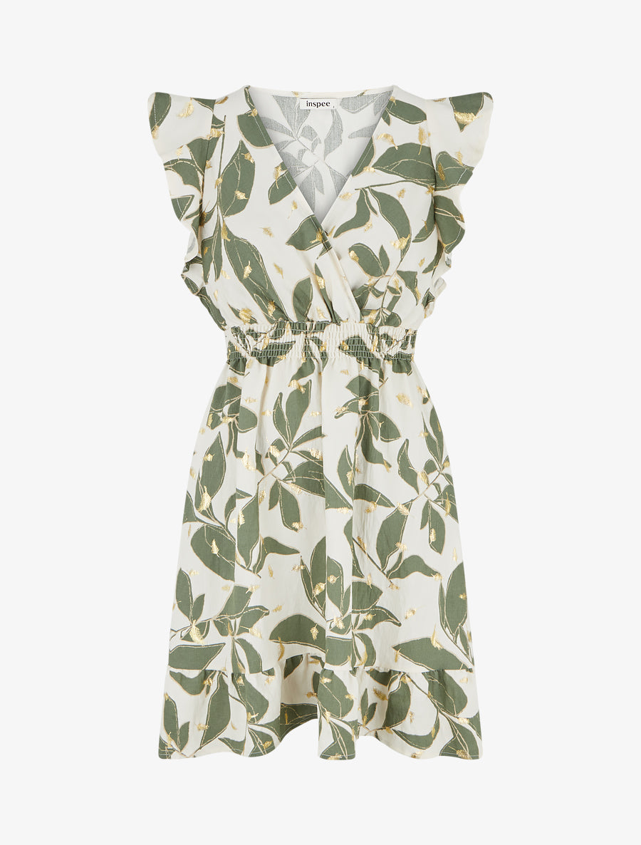 Robe imprimé feuilles à taille élastiquée - Kaki - 1