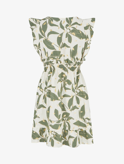 Robe imprimé feuilles à taille élastiquée - Kaki - 2