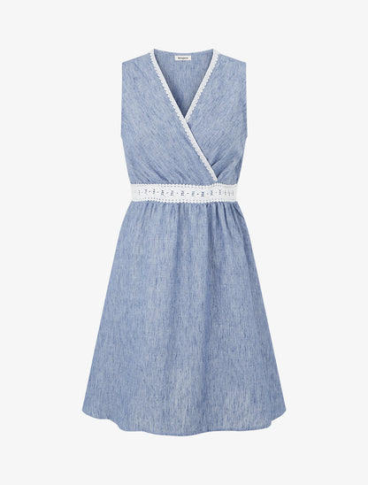 Robe mi-longue à bande brodée - Bleu - 1
