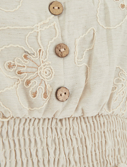 Robe mi-longue élastiquée à buste brodé - Beige - 3
