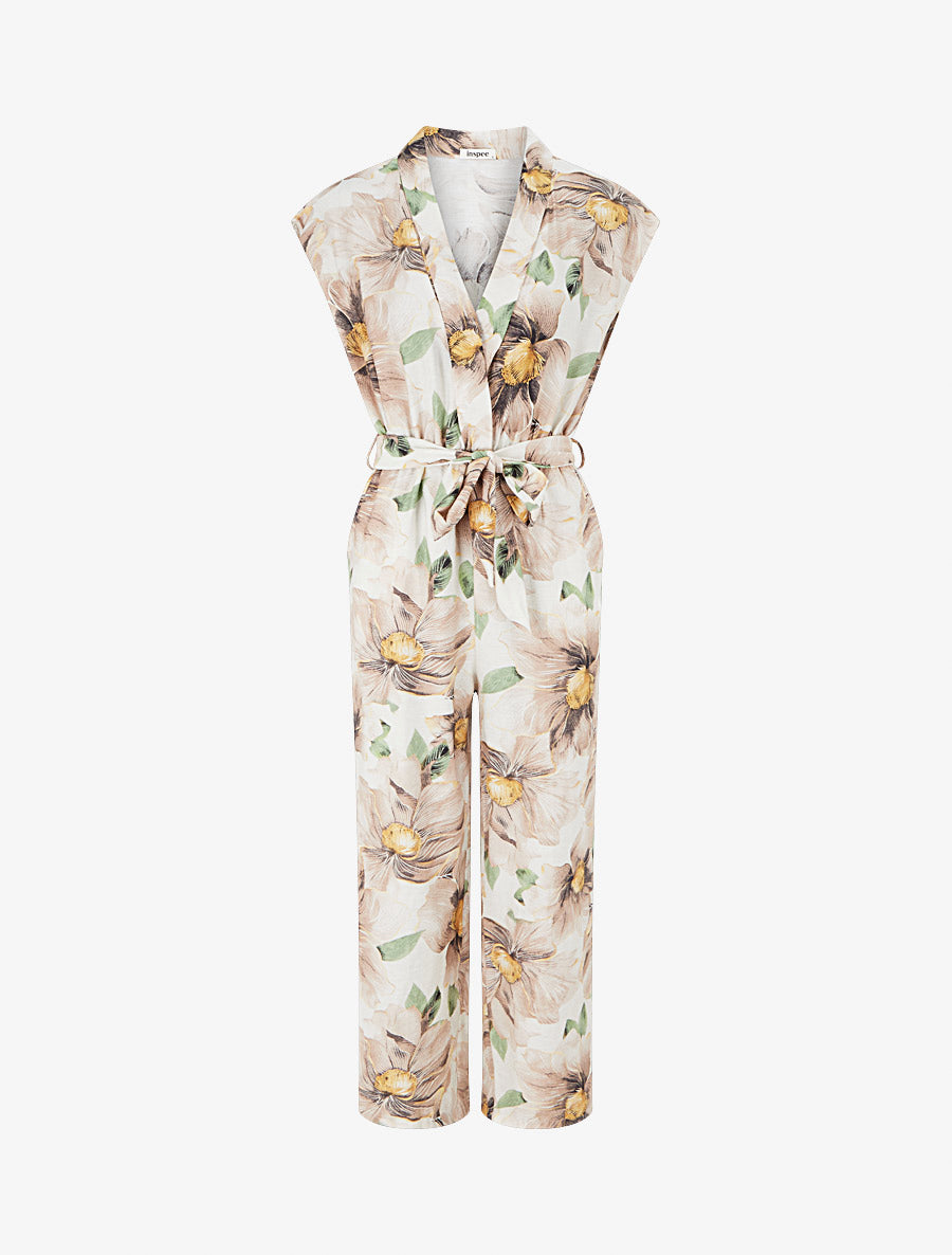 Combinaison à col cache-coeur imprimé floral - Beige - 1