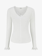 Pull ajusté à col V dentelle et boutons - Écru - 1