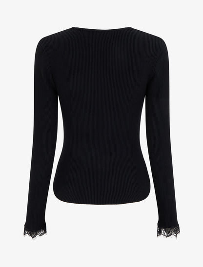 Pull ajusté à col V dentelle et boutons - Noir - 2