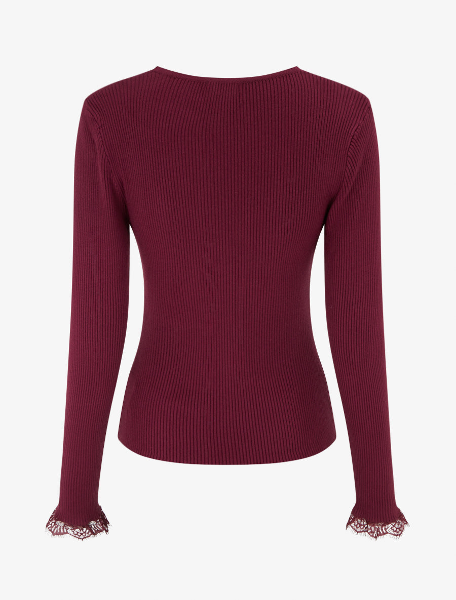 Pull ajusté à col V dentelle et boutons - Violine - 2