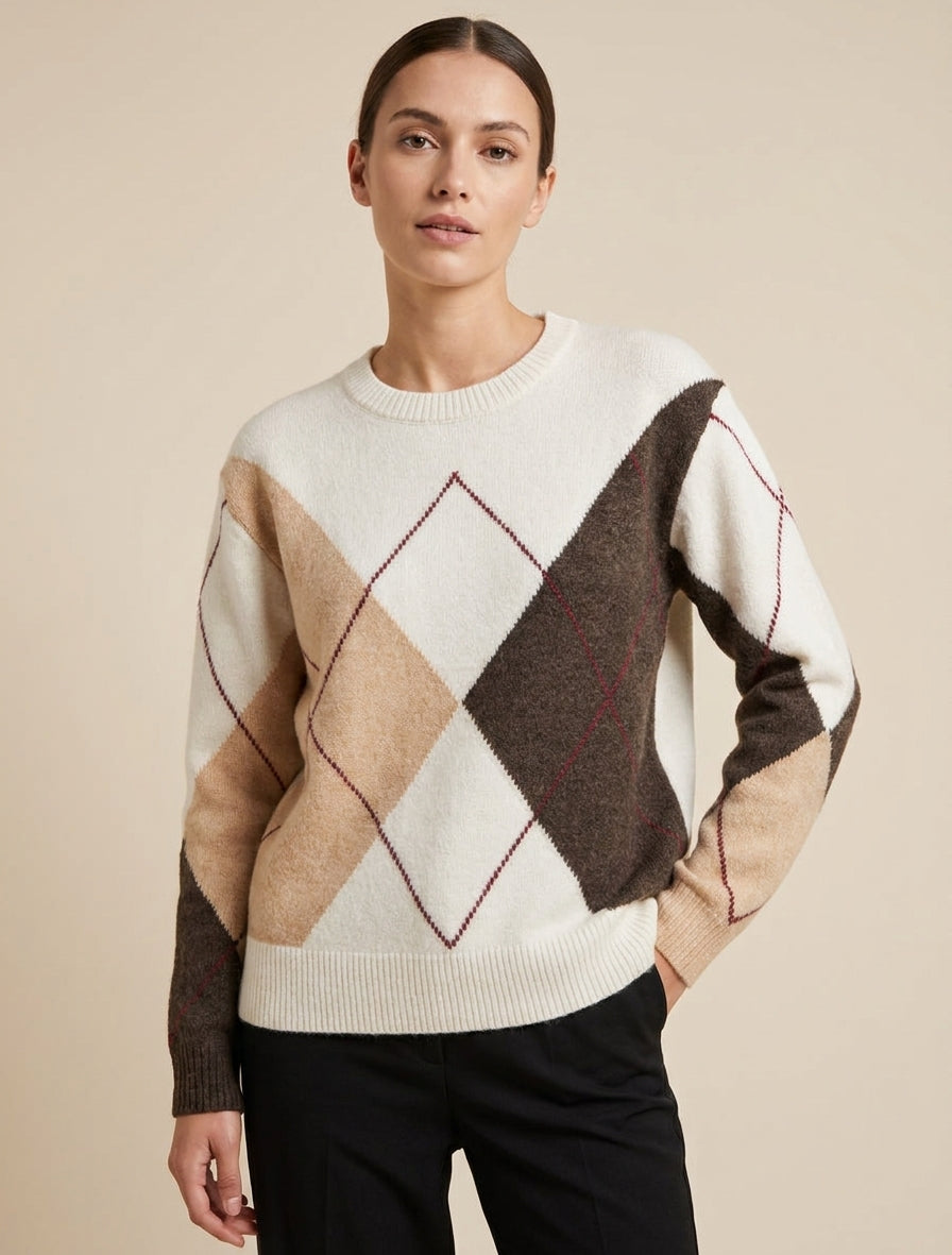 Gebreide trui met colorblock-print - Beige
