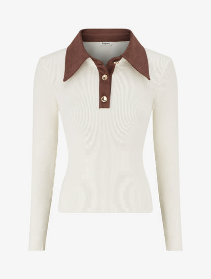 Pull fin en maille à col boutonné en suédine - Écru - 1