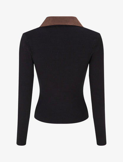 Pull fin en maille à col boutonné en suédine - Noir - 2