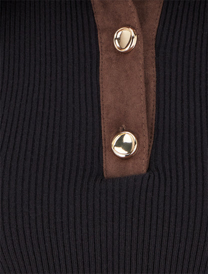 Pull fin en maille à col boutonné en suédine - Noir - 3