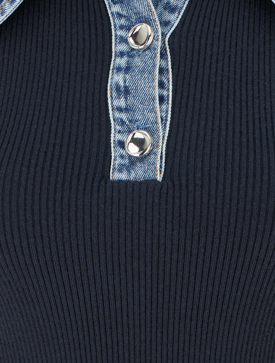 Pull fin en maille à col boutonné en jean - Marine - 3