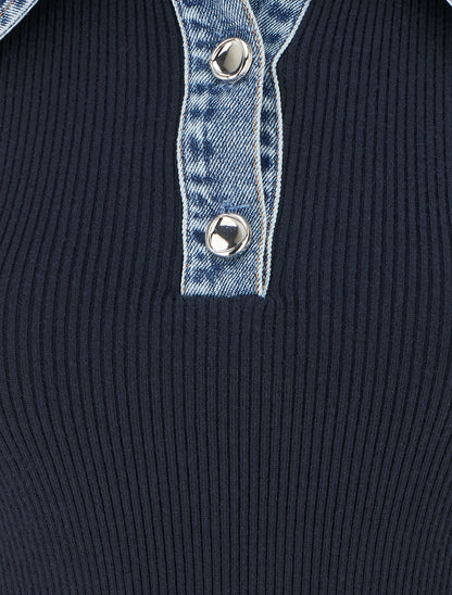 Pull fin en maille à col boutonné en jean - Marine - 3