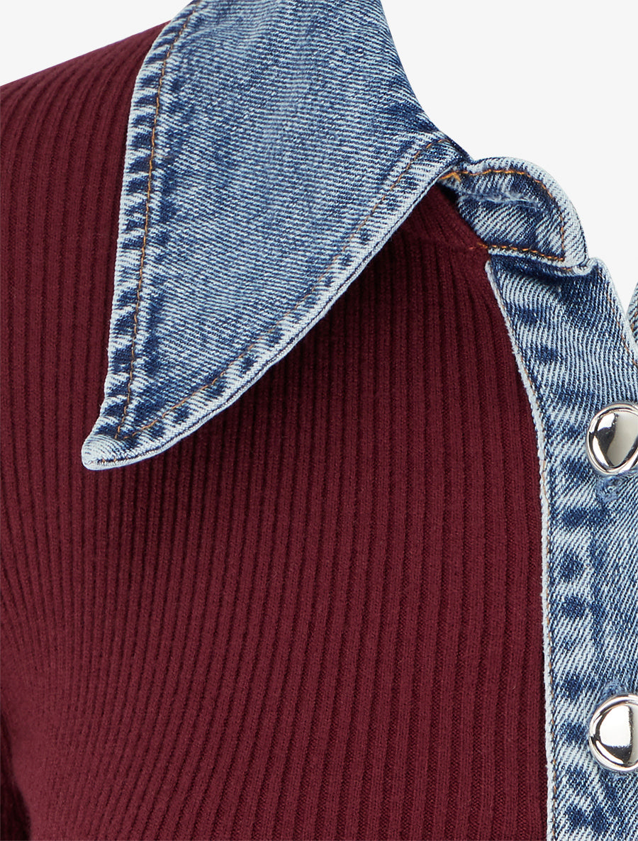 Pull fin en maille à col boutonné en jean - Bordeaux - 3