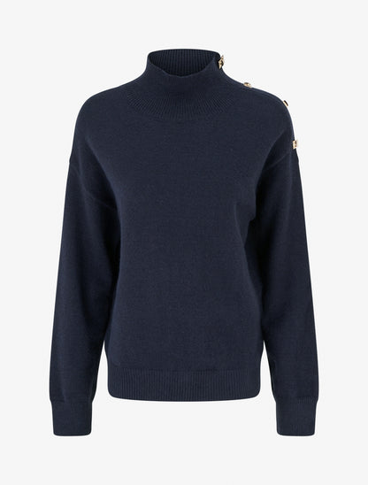Pull droit à col montant et boutons métalliques - Marine - 1