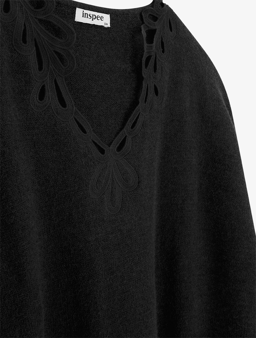 Pull uni à col V ajouré - Noir - 3