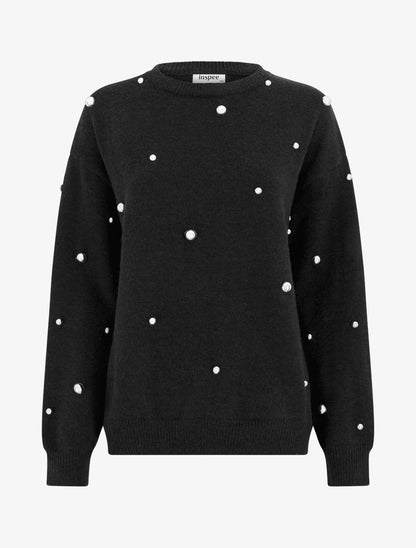 Pull uni clouté à col rond - Noir - 1