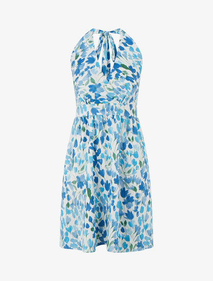 Robe mi-longue dos nu imprimé fleurs abstraites - Bleu - 1