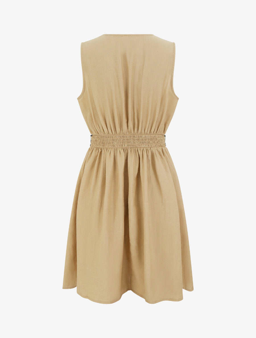 Robe mi-longue en lin à buste brodé - Taupe - 2