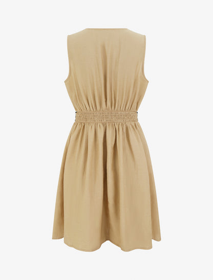 Robe mi-longue en lin à buste brodé - Taupe - 2
