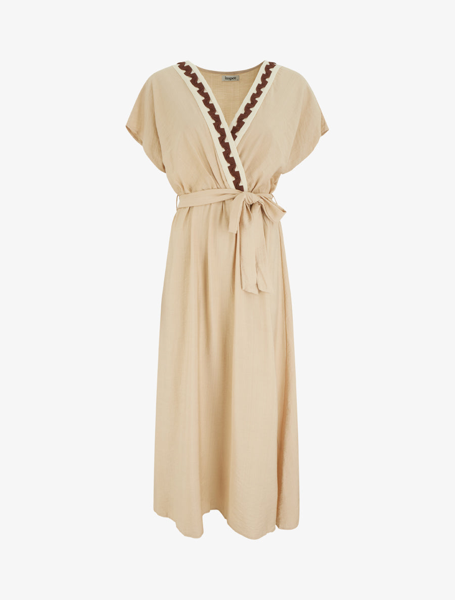 Robe longue manches courtes à col fantaisie - Beige - 1
