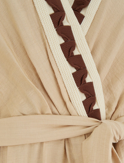 Robe longue manches courtes à col fantaisie - Beige - 3