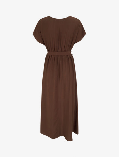 Robe longue manches courtes à col fantaisie - Marron - 2