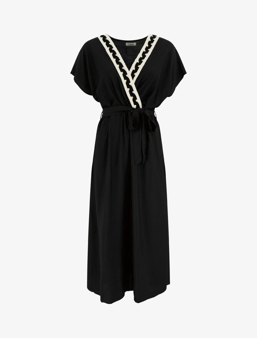 Robe longue manches courtes à col fantaisie - Noir - 1