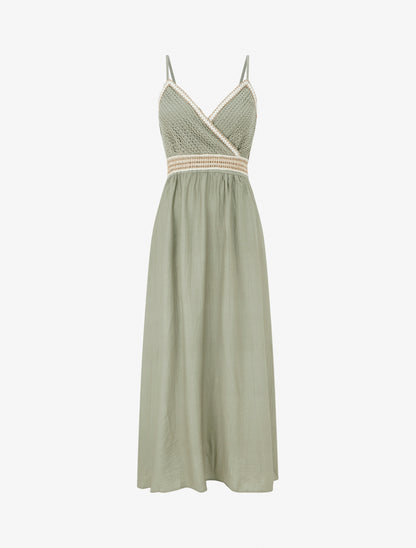 Robe longue uni à buste brodé - Kaki - 1