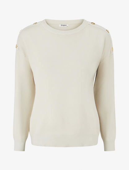 Pull uni à boutons décoratifs aux épaules - Écru - 1