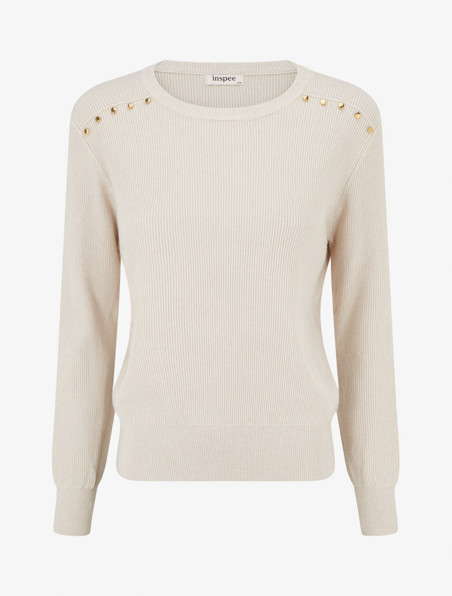 Pull côtelé à clous décoratifs aux épaules - Taupe clair - 1
