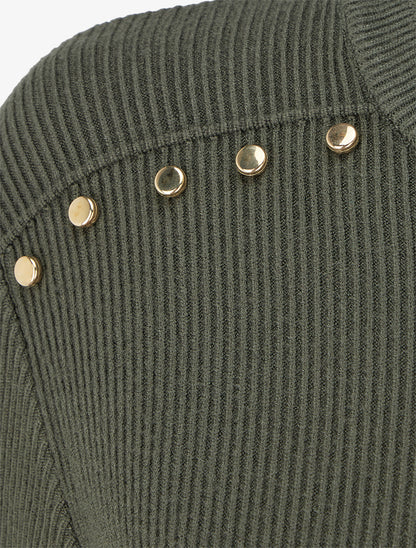 Pull côtelé à clous décoratifs aux épaules - Kaki - 3