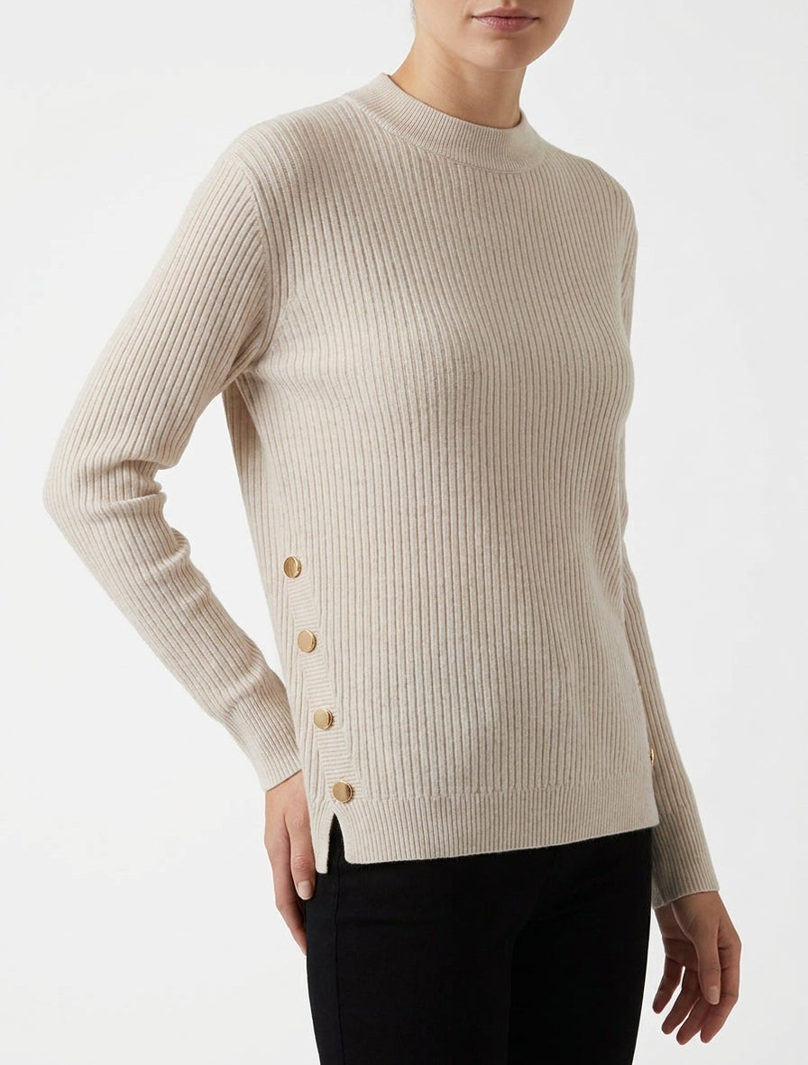 Geribde trui met decoratieve knoopdetails - Beige