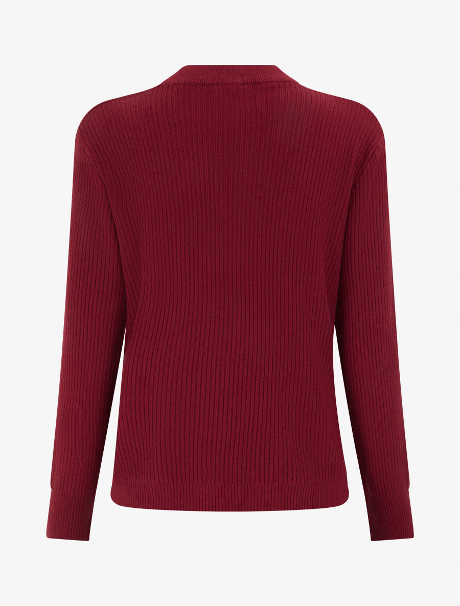 Pull côtelé à empiècement boutons décoratifs - Bordeaux - 2