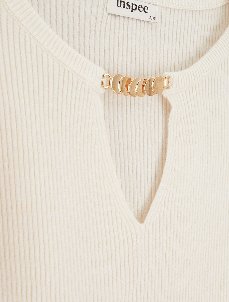 Pull côtelé à empiècement bijou - Beige - 3