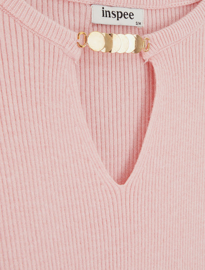 Pull côtelé à empiècement bijou - Rose - 3